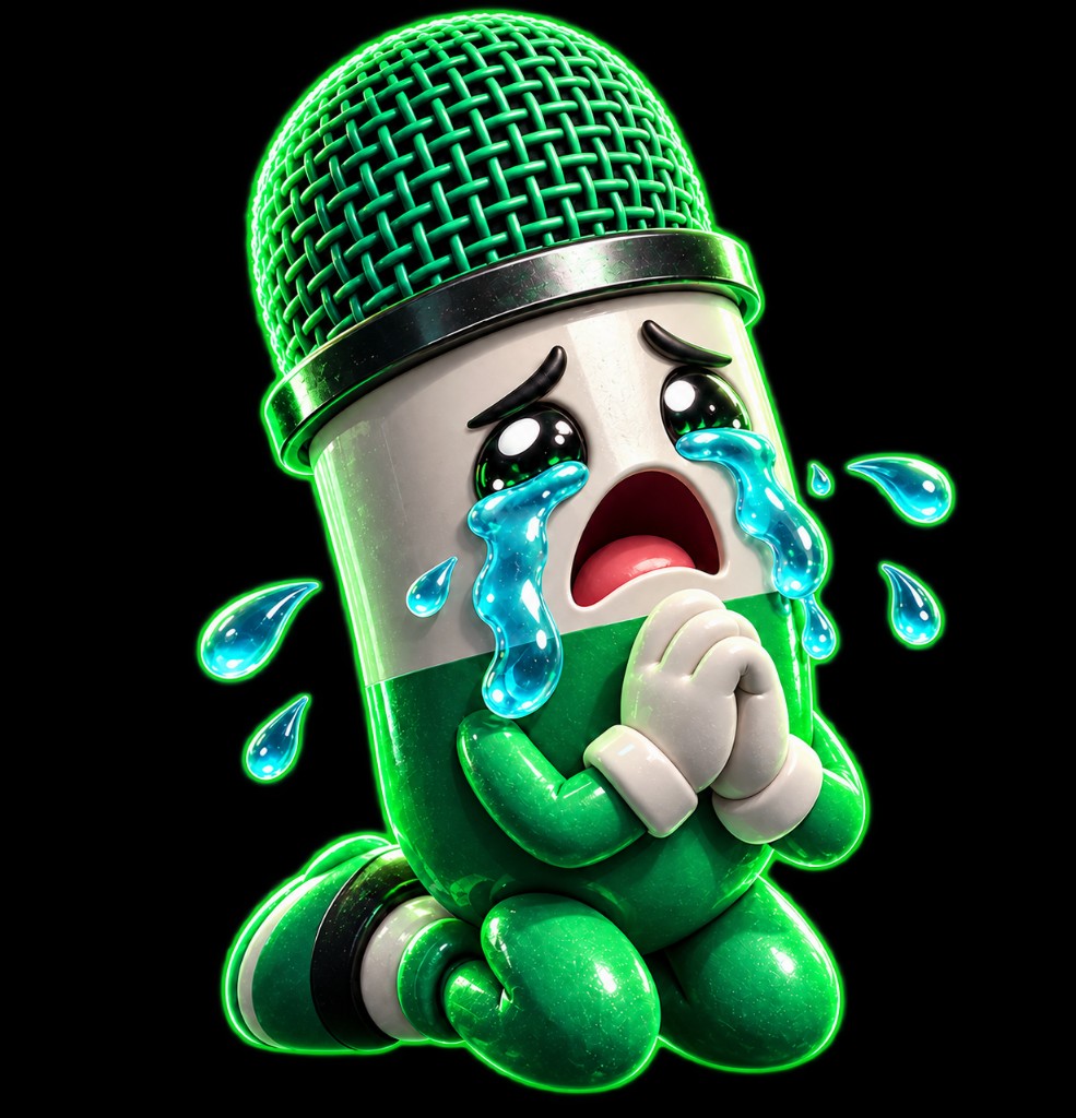 eBeggars mascot — a crying mic pill begging for SOL